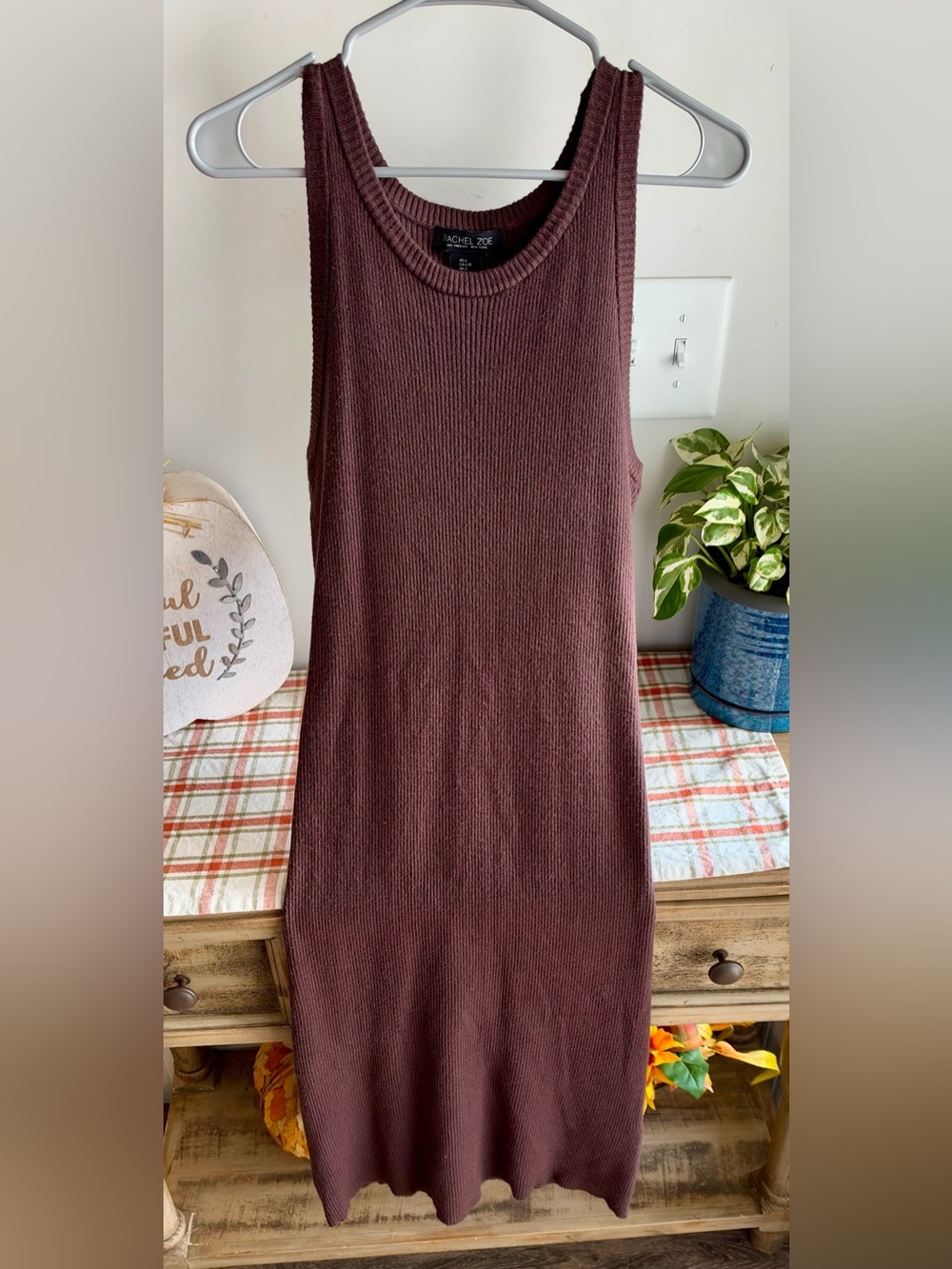 Rachel Zoe Chocolate Brown Ribbed Knit Sleeveless Tank Midi Dress